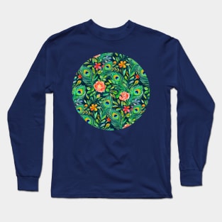 Peacock Feather Posies on dark Long Sleeve T-Shirt